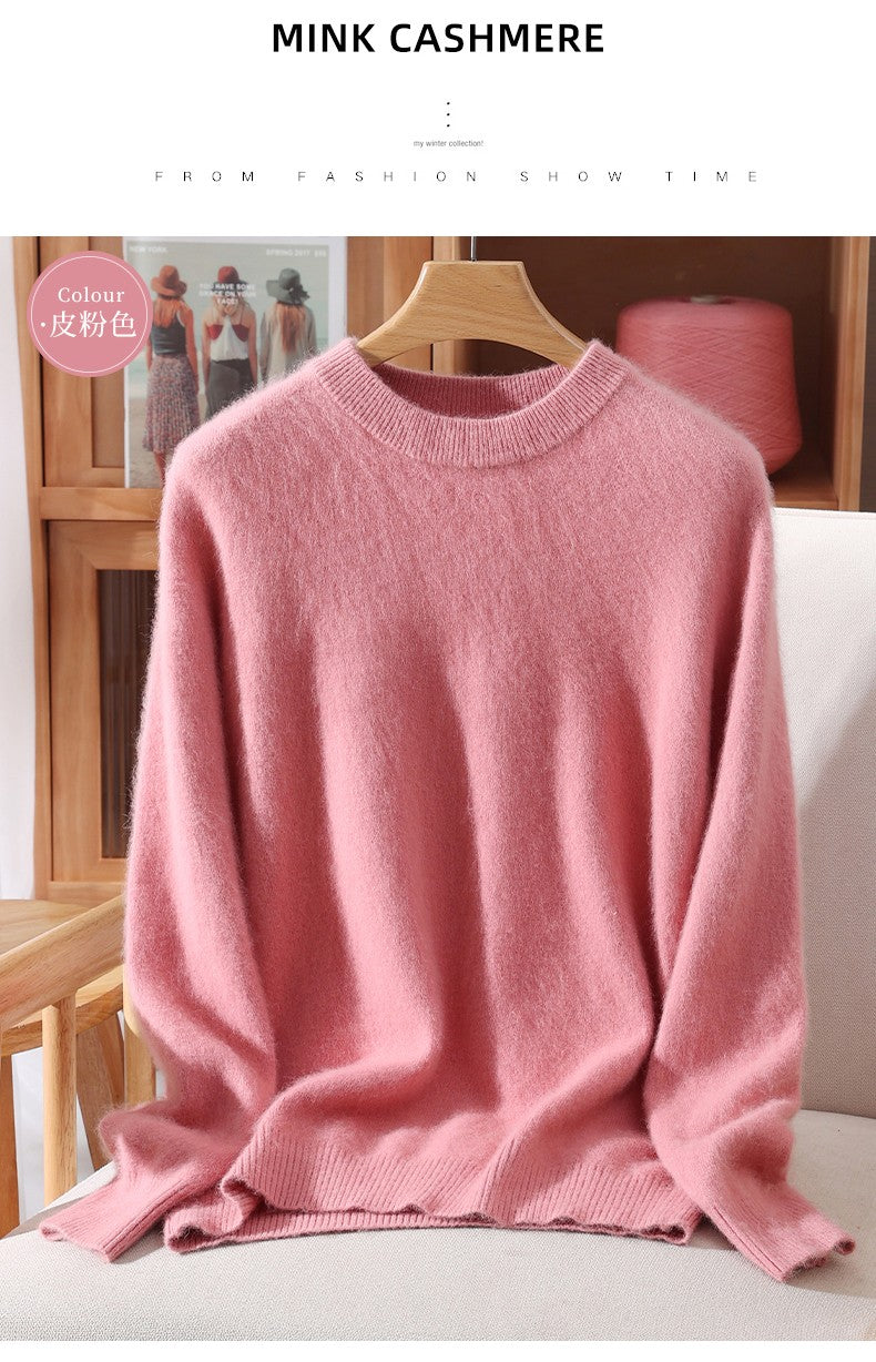 Outono e inverno novo suéter de caxemira de vison feminino curto grosso semi-gola alta camisa de fundo cor sólida simples topo