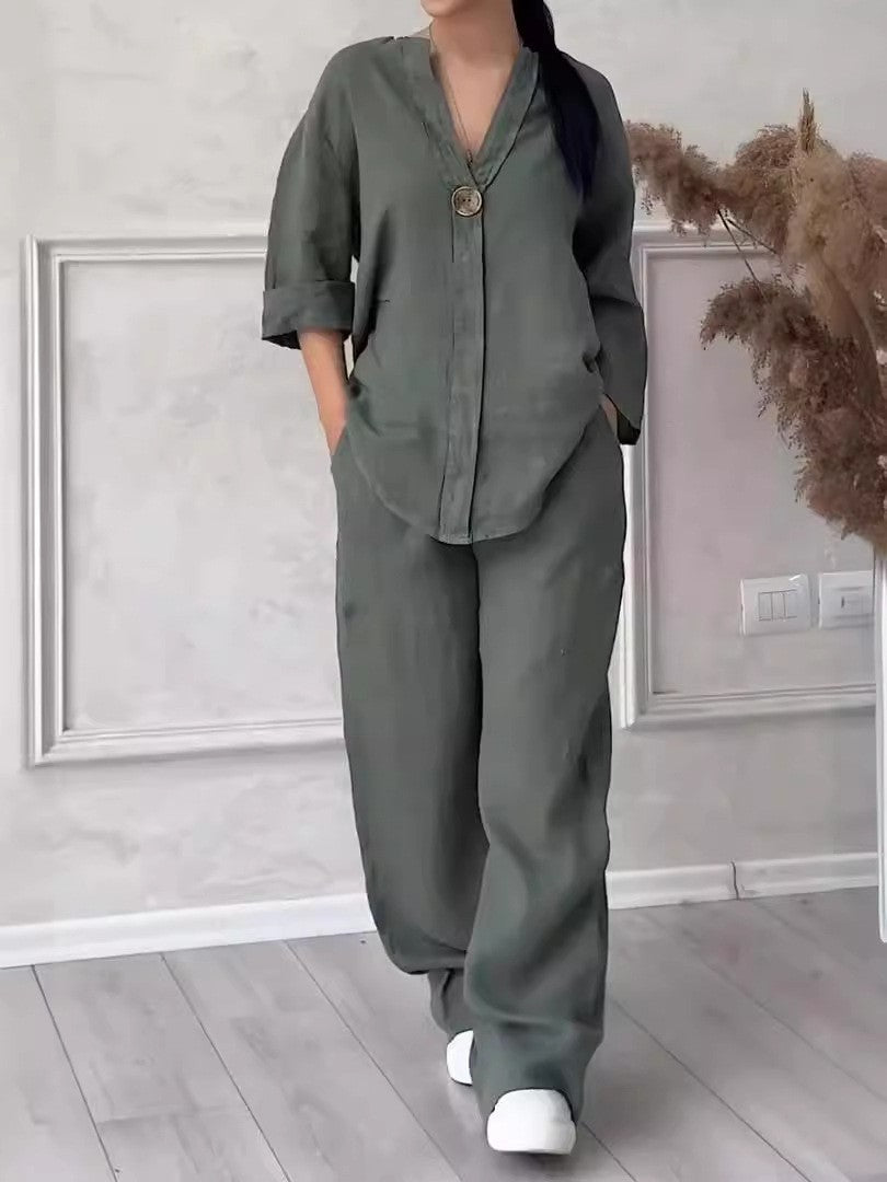 Wren Cotton-Linen Blouse & Wide-Leg Pants Set