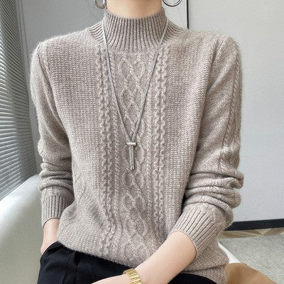 Camiseta Feminina de Gola Alta para Outono e Inverno, Suéter de Cashmere que Emite Calor, Manga Longa, Ajuste Regular