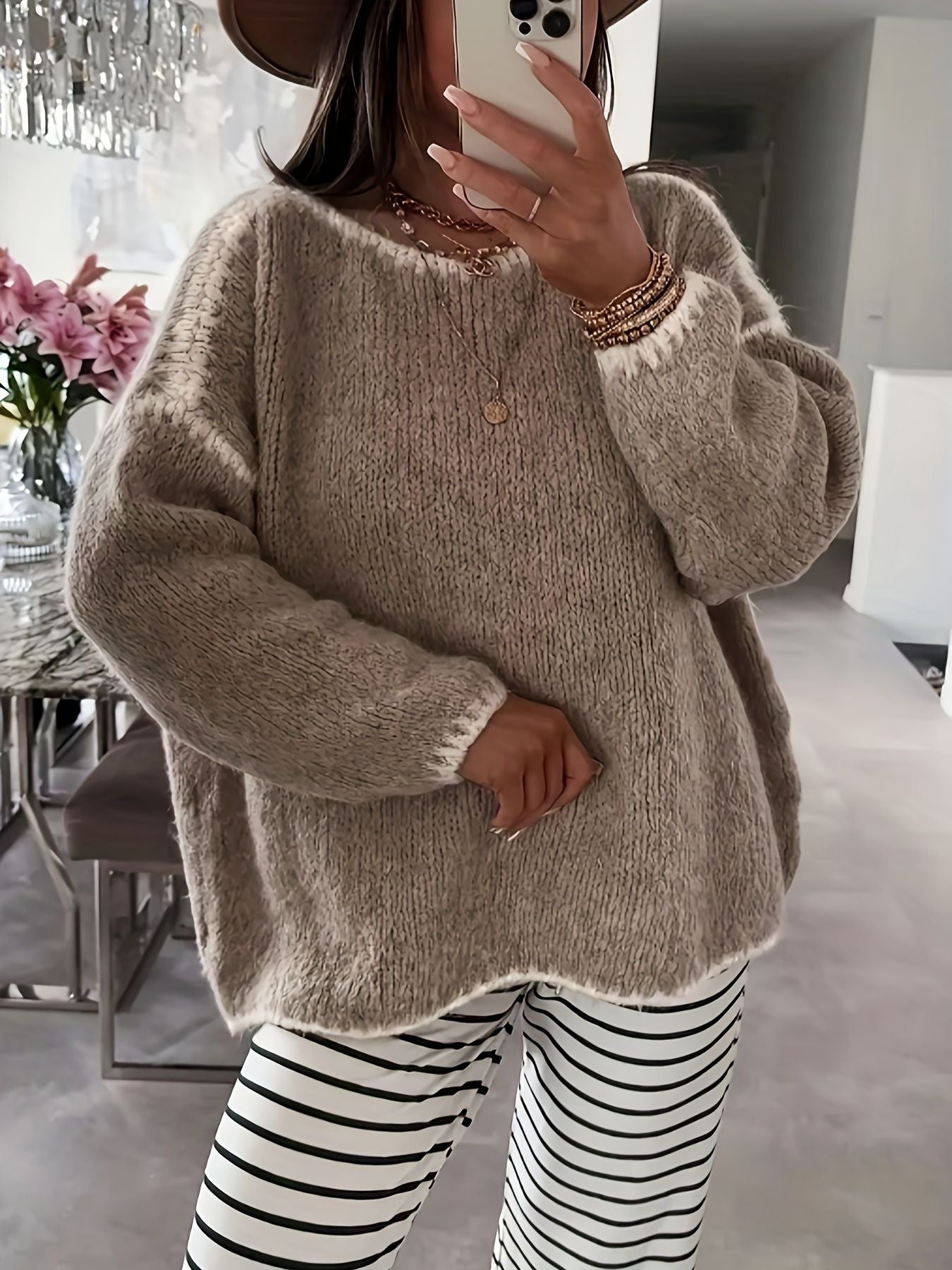 Suéter feminino de outono e inverno com blocos de cores, gola redonda, manga comprida, solto, estilo vintage casual, top de malha.