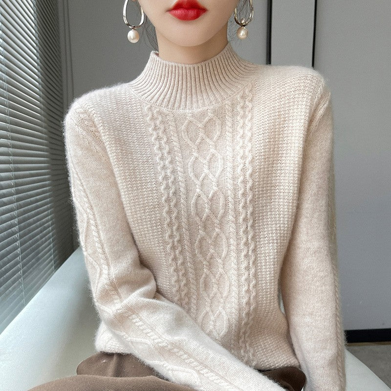 Camiseta Feminina de Gola Alta para Outono e Inverno, Suéter de Cashmere que Emite Calor, Manga Longa, Ajuste Regular