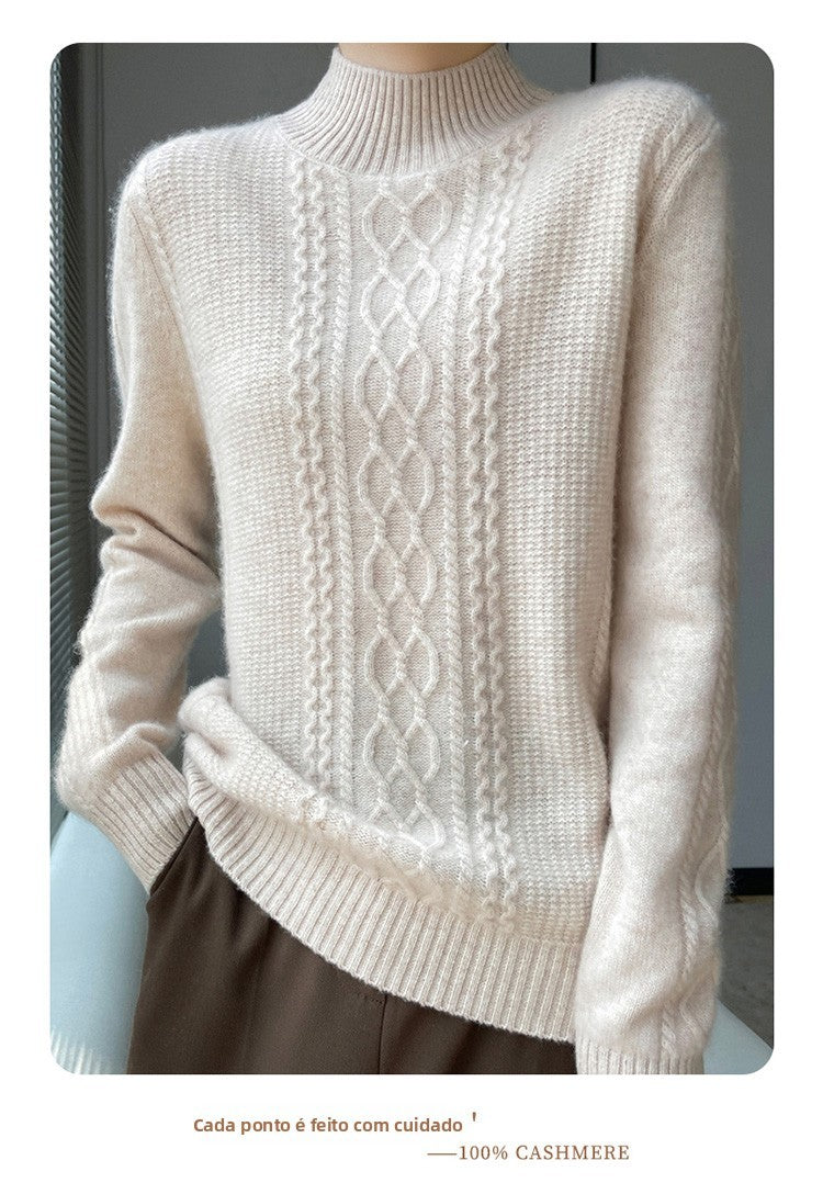 Camiseta Feminina de Gola Alta para Outono e Inverno, Suéter de Cashmere que Emite Calor, Manga Longa, Ajuste Regular