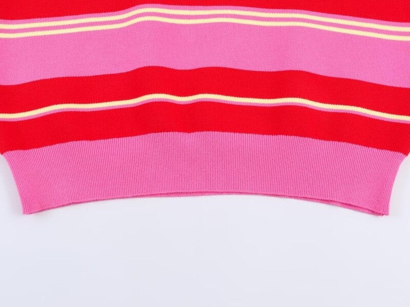 Polo de Malha Listrado Rosa e Vermelho 2026 - Blusa Feminina de Manga Longa com Gola Dobrável, Solta, para Uso Casual Diário na Primavera e Outono