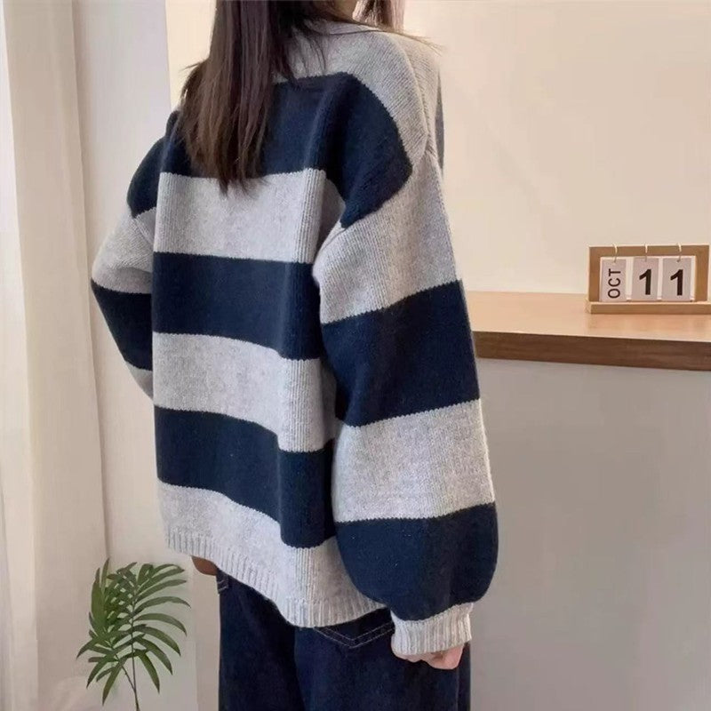 Simples listrado em torno do pescoço cashmere camisola de malha feminina solta manga comprida topo versátil outono e inverno lã base camisola
