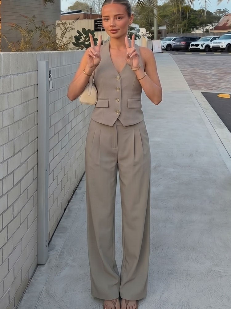 Odette Buttoned Vest & Straight-Leg Pants Set