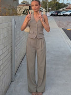 Odette Buttoned Vest & Straight-Leg Pants Set