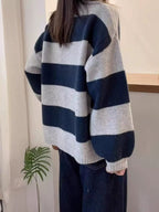 Simples listrado em torno do pescoço cashmere camisola de malha feminina solta manga comprida topo versátil outono e inverno lã base camisola