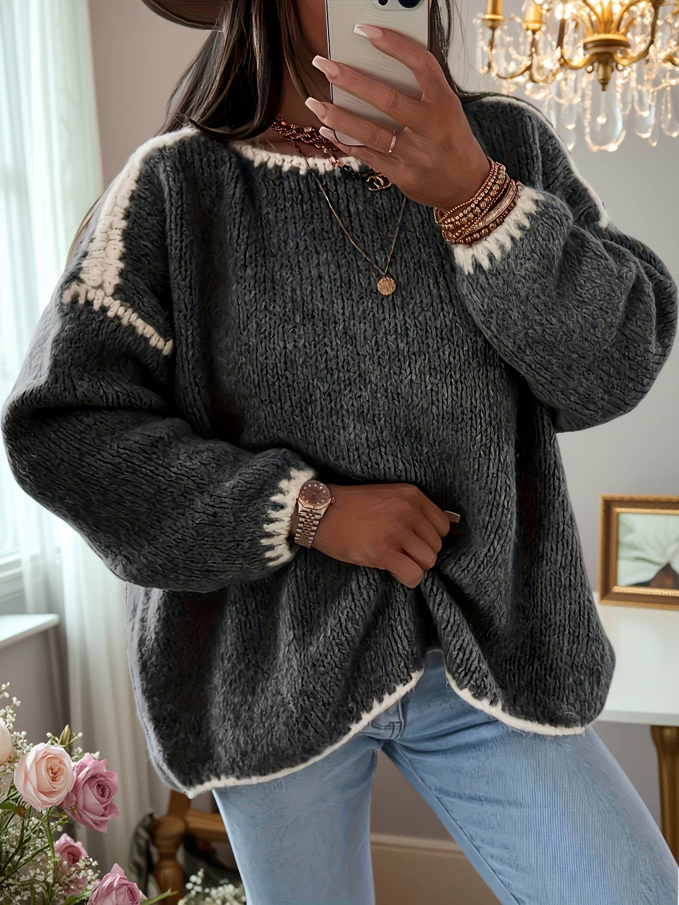 Suéter feminino de outono e inverno com blocos de cores, gola redonda, manga comprida, solto, estilo vintage casual, top de malha.