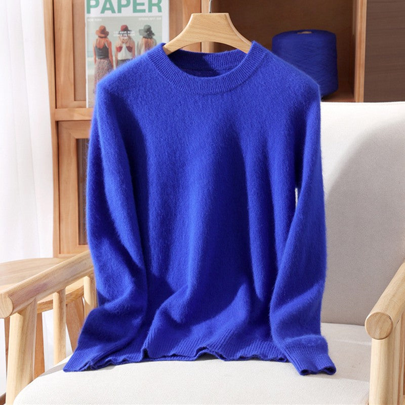 Outono e inverno novo suéter de caxemira de vison feminino curto grosso semi-gola alta camisa de fundo cor sólida simples topo