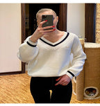 Nova camisola feminina outono inverno malha coreano streetwear solto pulôver sweatshirts chiques topos manga longa com decote em v camisola de malha