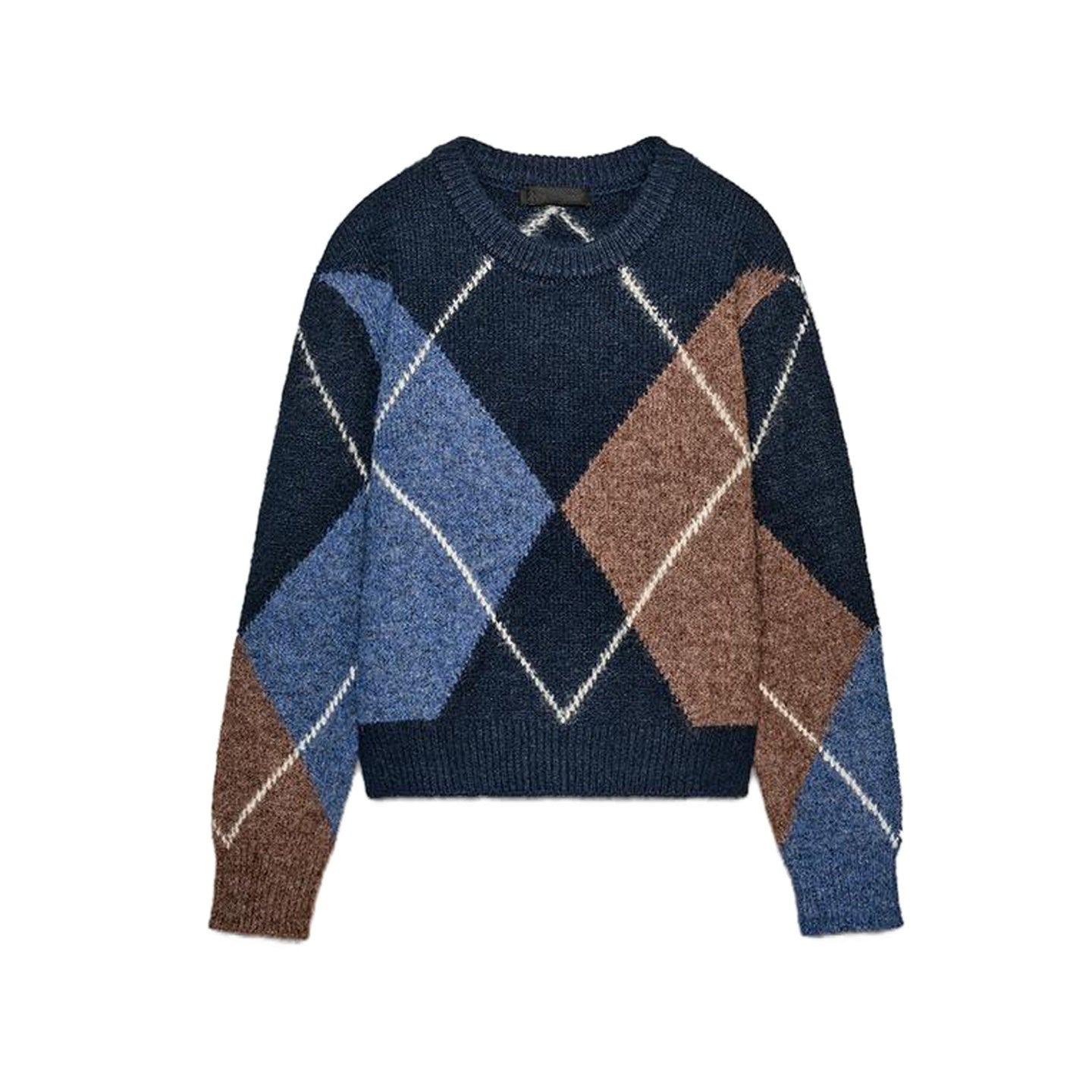 Nova Chegada de Primavera: Suéter Feminino de Tricô com Manga Longa, Gola Redonda e Padrão de Diamante, Simples, Casual, Caim...