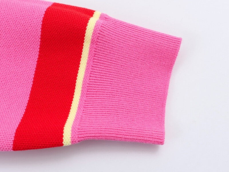 Polo de Malha Listrado Rosa e Vermelho 2026 - Blusa Feminina de Manga Longa com Gola Dobrável, Solta, para Uso Casual Diário na Primavera e Outono