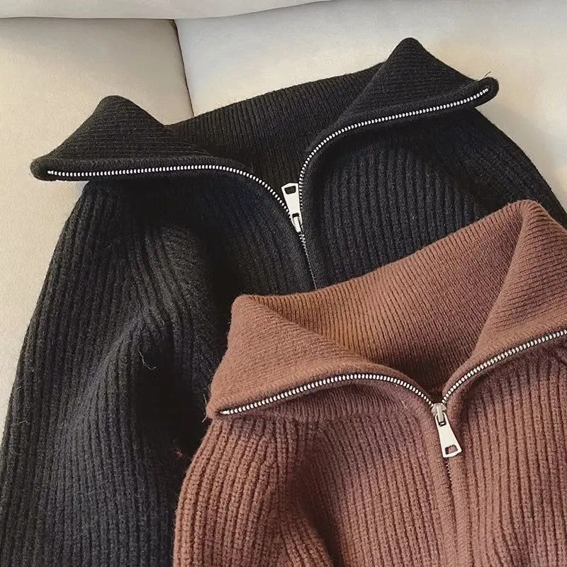 Meia gola zip camisola feminina pullovers de malha macia manga longa curto jumper outono inverno adolescente-menina roupa de moda coreana