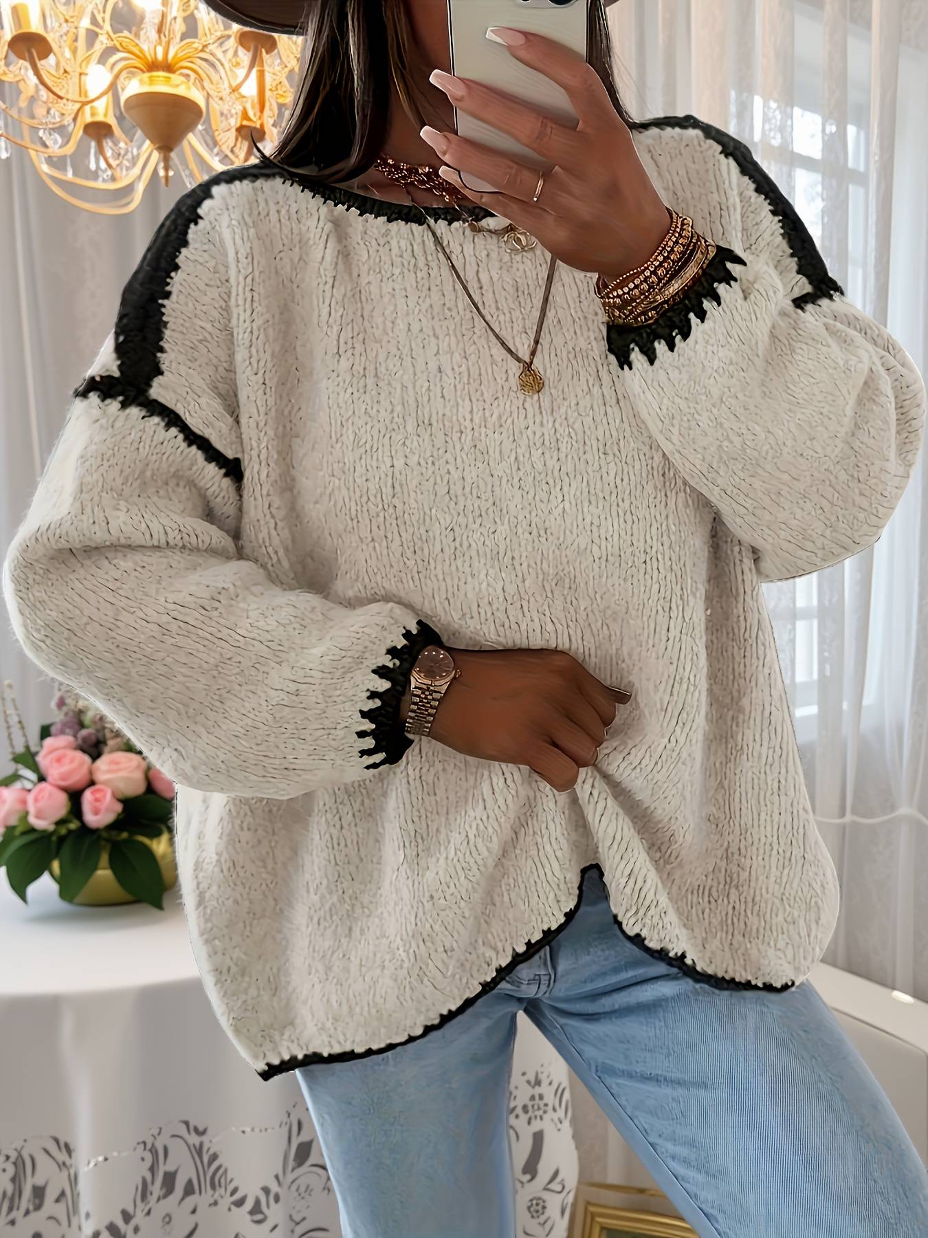 Suéter feminino de outono e inverno com blocos de cores, gola redonda, manga comprida, solto, estilo vintage casual, top de malha.