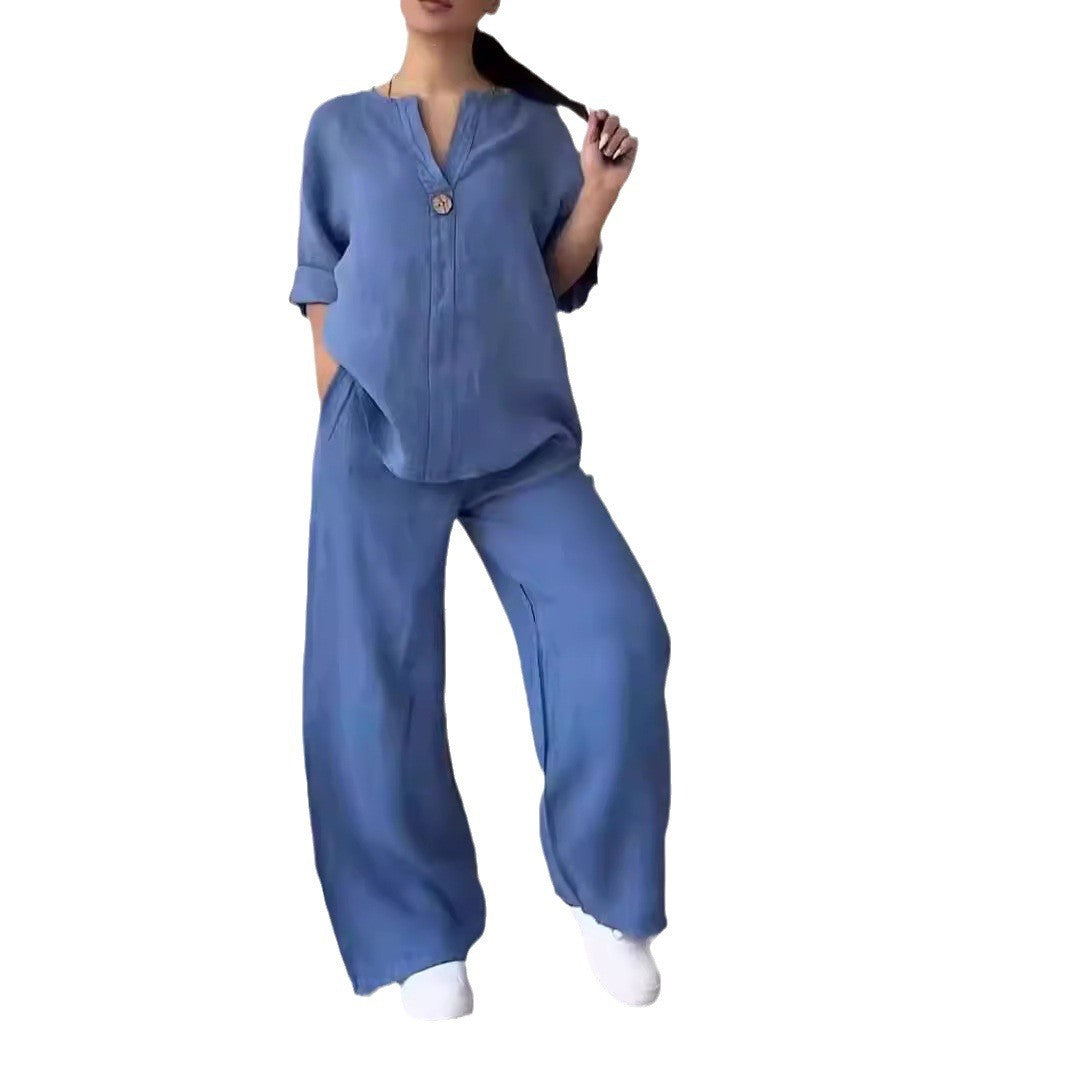Wren Cotton-Linen Blouse & Wide-Leg Pants Set
