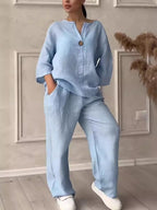 Wren Cotton-Linen Blouse & Wide-Leg Pants Set