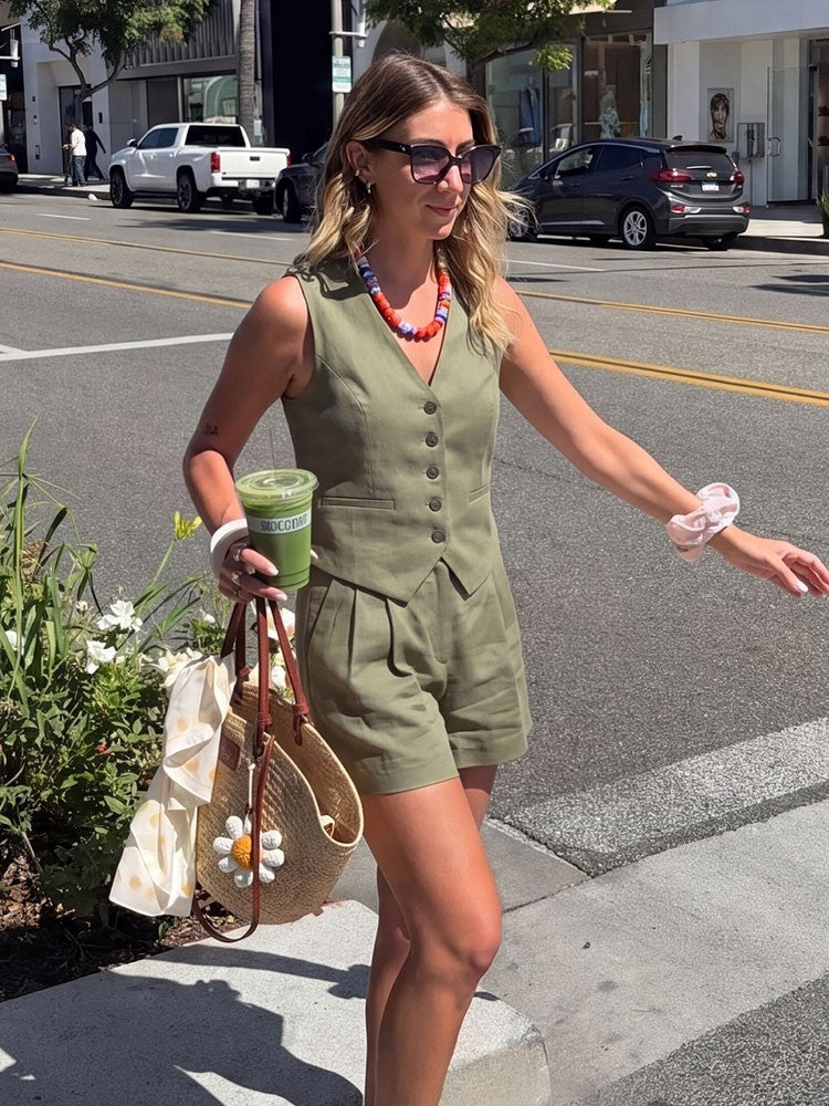 Piper Slim V-Neck Vest & Pleated Shorts Set