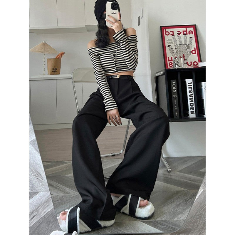 2025 outono inverno elegante cinza ternos calças para mulheres senhora do escritório cintura alta perna larga moda calças com bolsos calças pretas