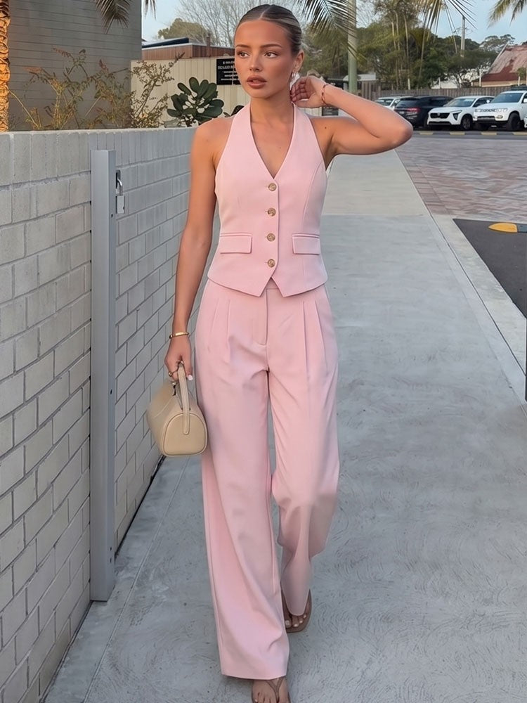 Odette Buttoned Vest & Straight-Leg Pants Set