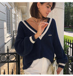 Nova camisola feminina outono inverno malha coreano streetwear solto pulôver sweatshirts chiques topos manga longa com decote em v camisola de malha