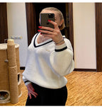 Nova camisola feminina outono inverno malha coreano streetwear solto pulôver sweatshirts chiques topos manga longa com decote em v camisola de malha