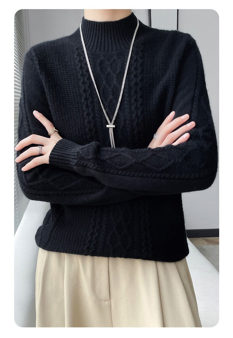 Camiseta Feminina de Gola Alta para Outono e Inverno, Suéter de Cashmere que Emite Calor, Manga Longa, Ajuste Regular