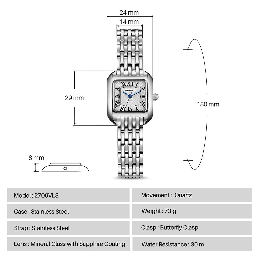 BERNY Square Stainless Steel Quartz Watch