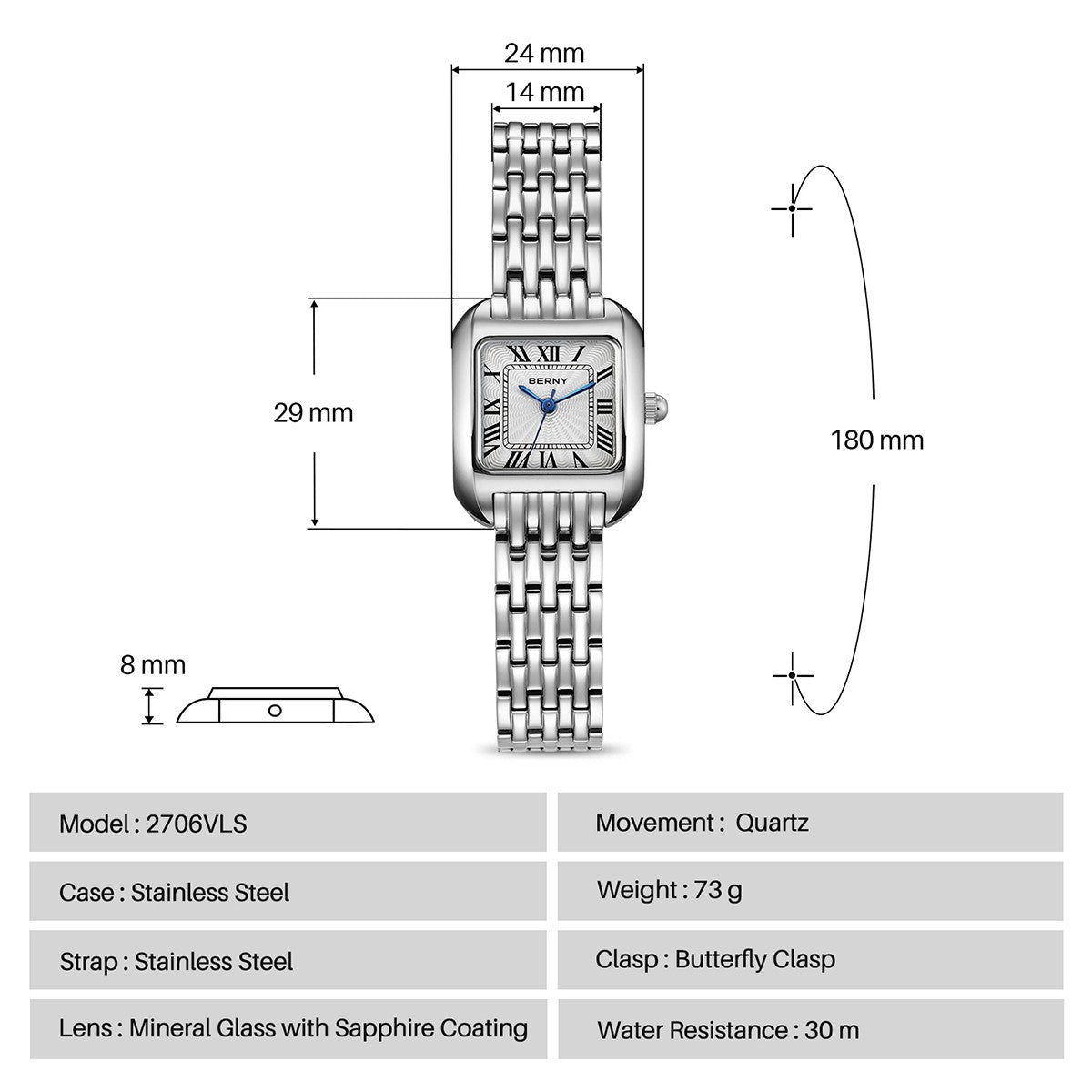 BERNY Square Stainless Steel Quartz Watch