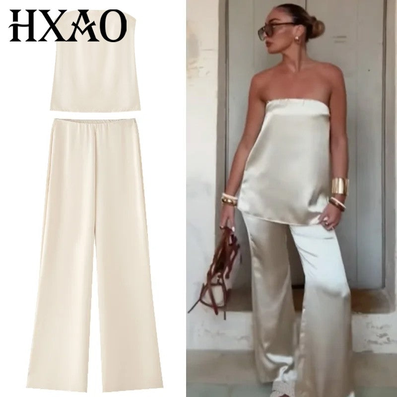 Reina Satin Tube Top & Wide-Leg Pants Set