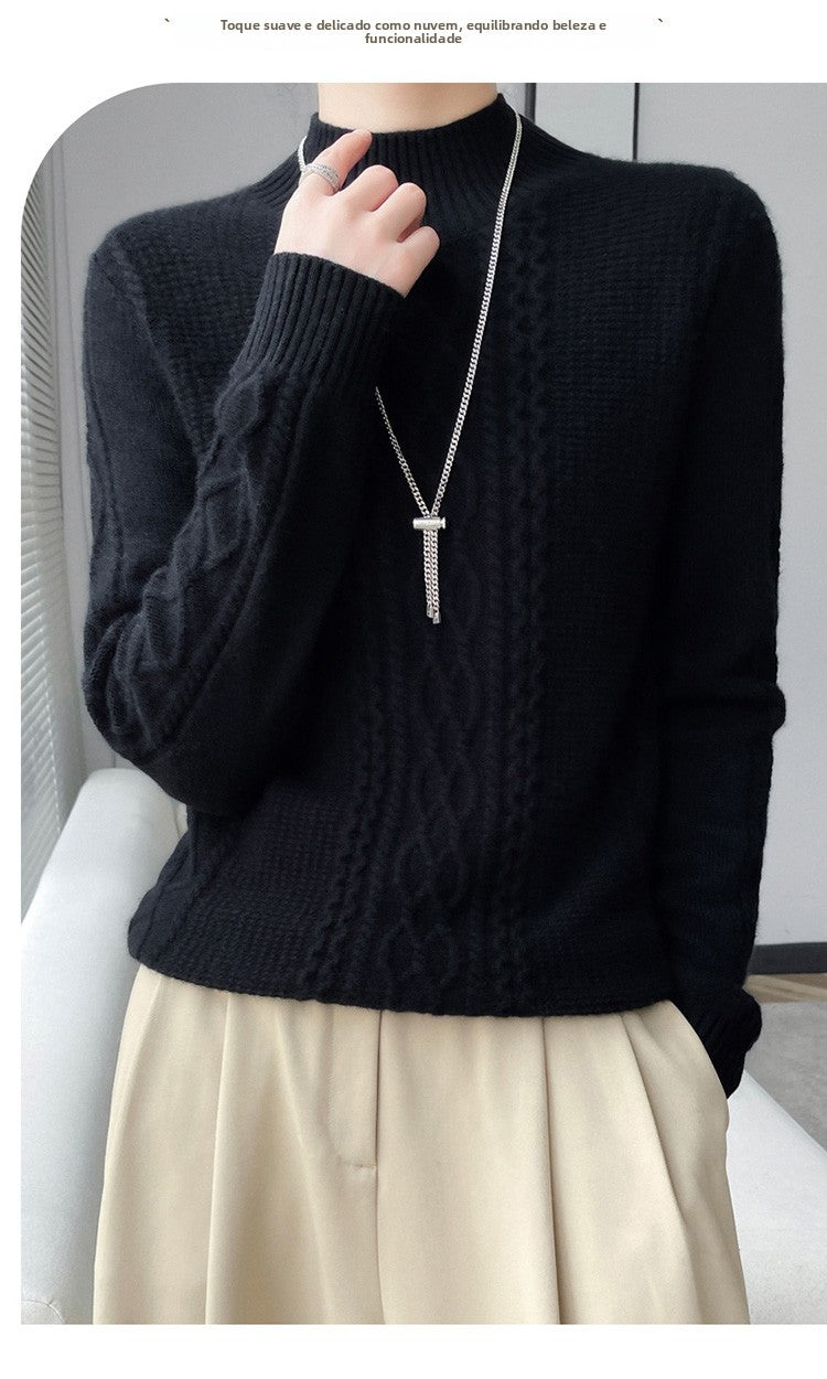Camiseta Feminina de Gola Alta para Outono e Inverno, Suéter de Cashmere que Emite Calor, Manga Longa, Ajuste Regular