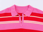 Polo de Malha Listrado Rosa e Vermelho 2026 - Blusa Feminina de Manga Longa com Gola Dobrável, Solta, para Uso Casual Diário na Primavera e Outono