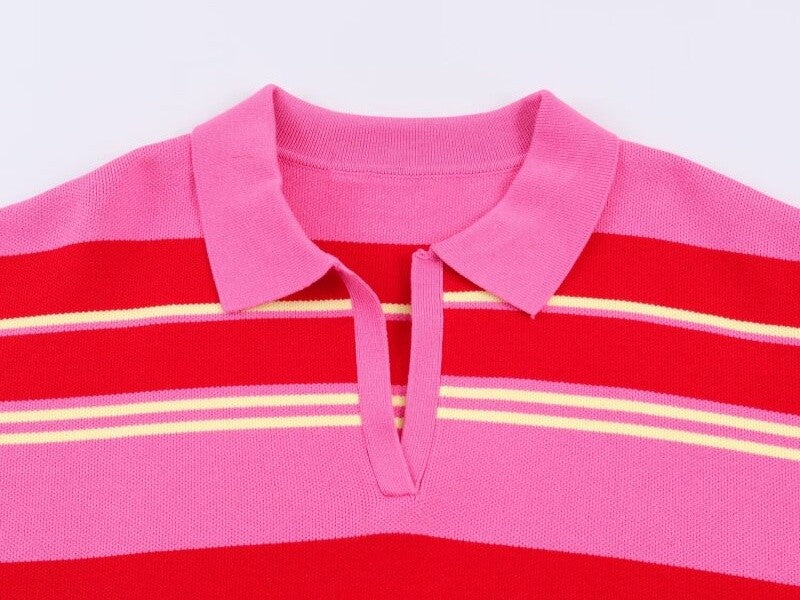 Polo de Malha Listrado Rosa e Vermelho 2026 - Blusa Feminina de Manga Longa com Gola Dobrável, Solta, para Uso Casual Diário na Primavera e Outono