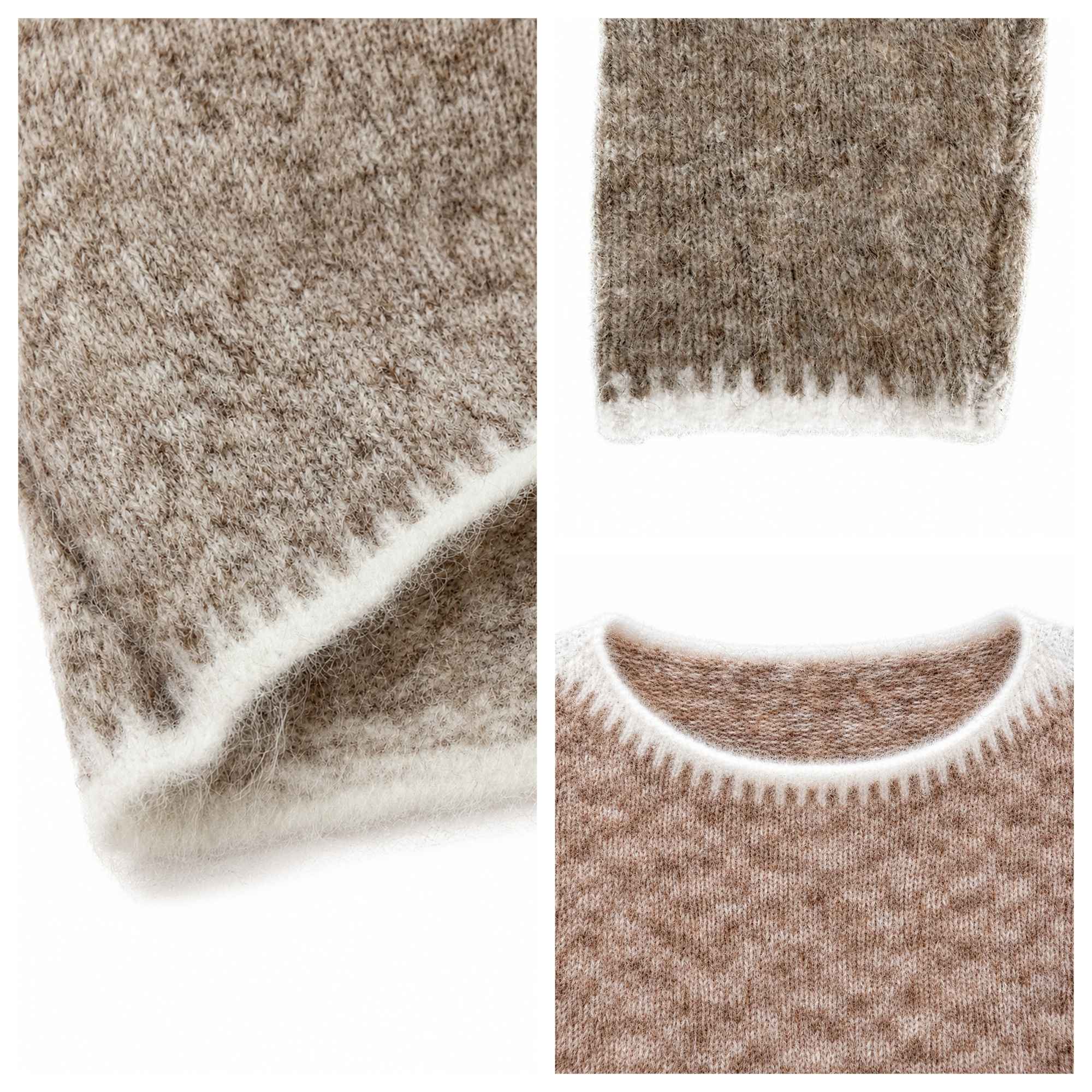 Suéter feminino de outono e inverno com blocos de cores, gola redonda, manga comprida, solto, estilo vintage casual, top de malha.