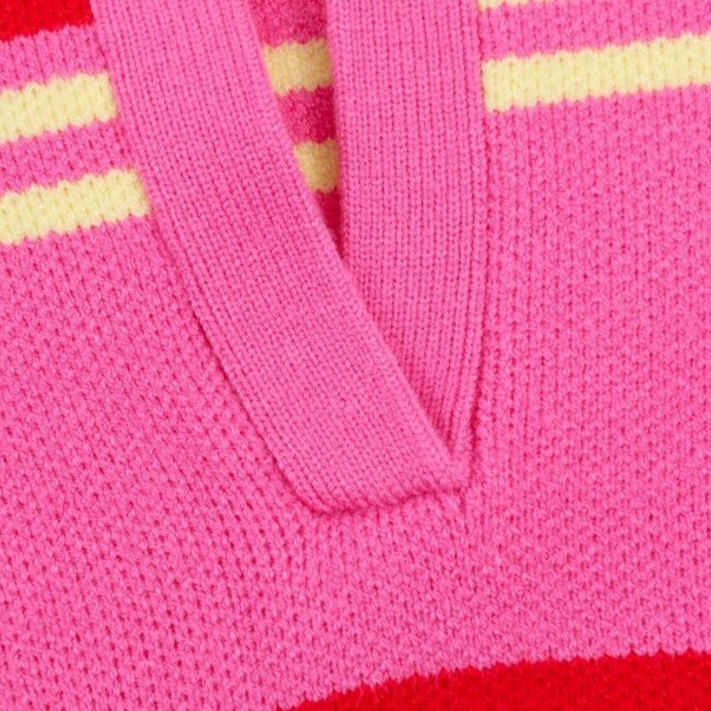 Polo de Malha Listrado Rosa e Vermelho 2026 - Blusa Feminina de Manga Longa com Gola Dobrável, Solta, para Uso Casual Diário na Primavera e Outono