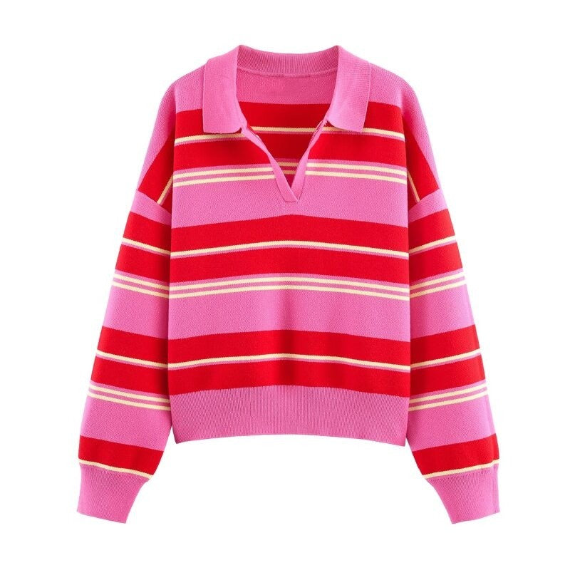 Polo de Malha Listrado Rosa e Vermelho 2026 - Blusa Feminina de Manga Longa com Gola Dobrável, Solta, para Uso Casual Diário na Primavera e Outono