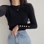 Outono inverno feminino camisola de malha manga longa botão o pescoço fino pulôver suéteres feminino macio quente bottoming topos