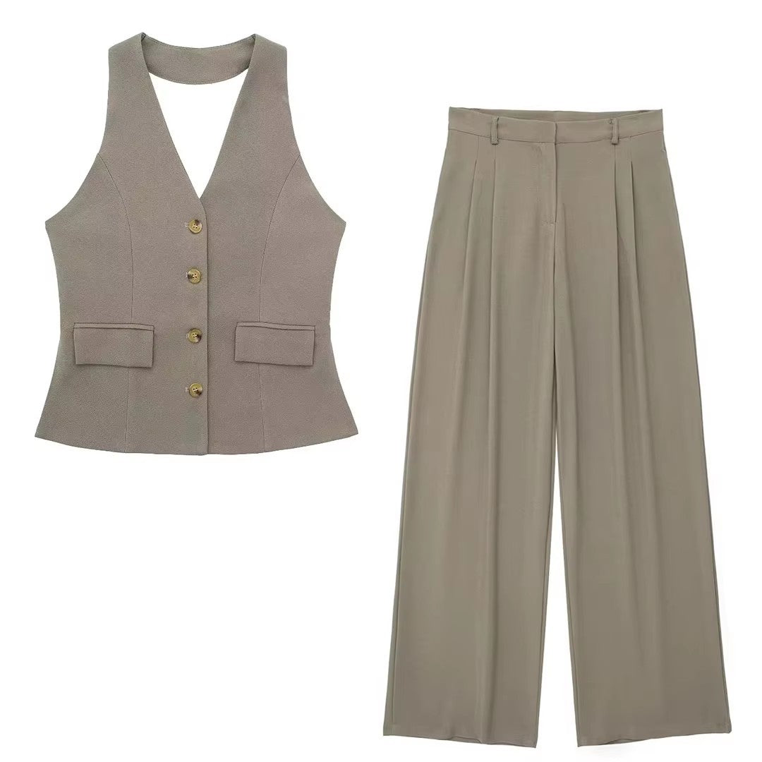 Odette Buttoned Vest & Straight-Leg Pants Set