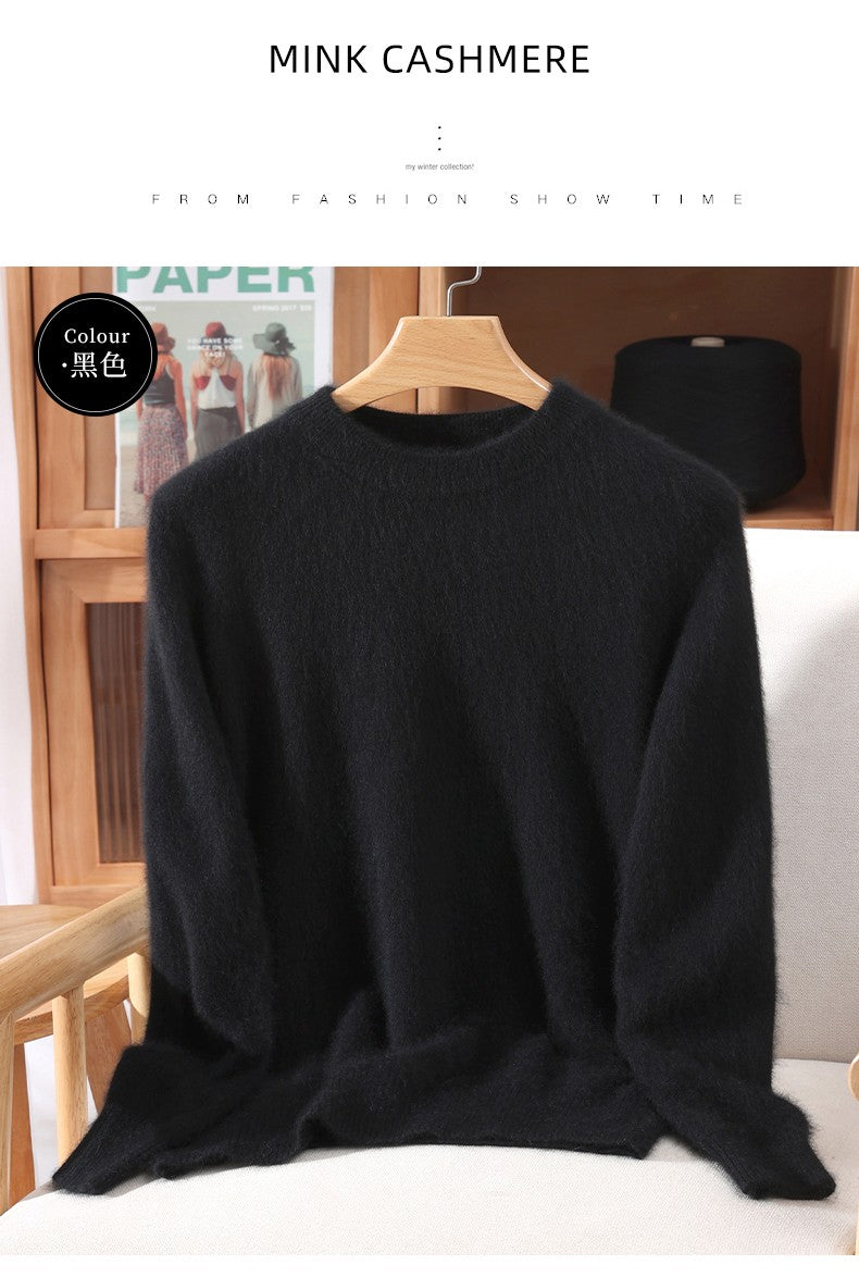 Outono e inverno novo suéter de caxemira de vison feminino curto grosso semi-gola alta camisa de fundo cor sólida simples topo
