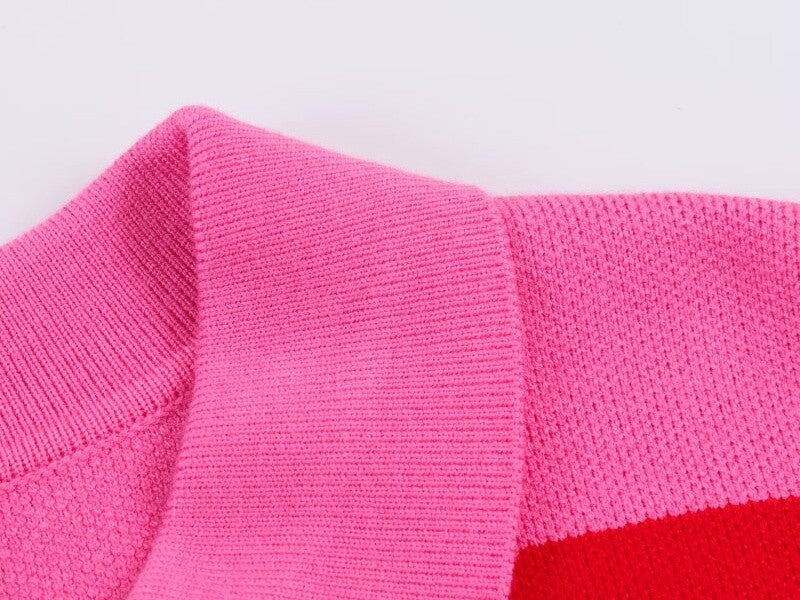 Polo de Malha Listrado Rosa e Vermelho 2026 - Blusa Feminina de Manga Longa com Gola Dobrável, Solta, para Uso Casual Diário na Primavera e Outono