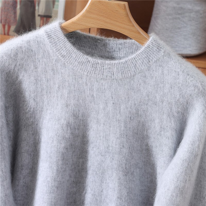 Outono e inverno novo suéter de caxemira de vison feminino curto grosso semi-gola alta camisa de fundo cor sólida simples topo
