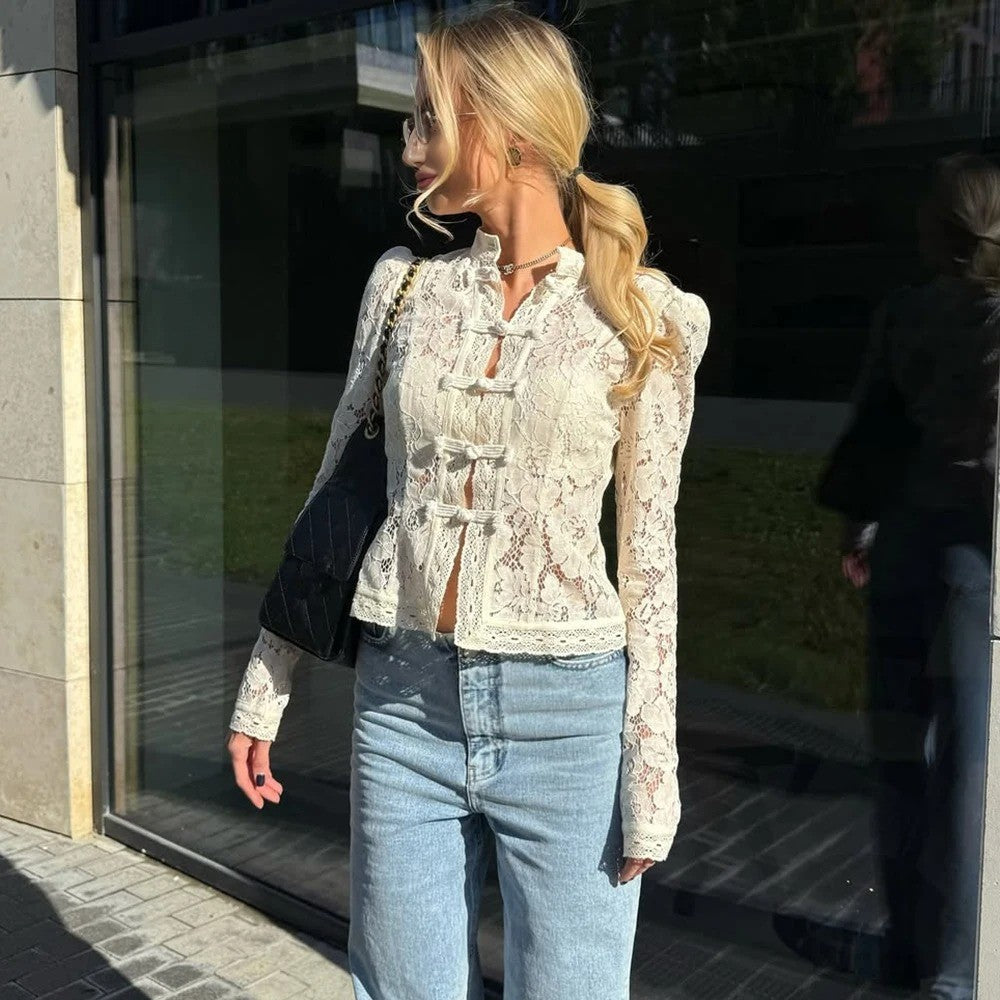 Blusas Femininas Vintage de Renda, Camisas Casuais de Verão com Gola Vazada, Elegantes com Bordado e Manga Bufante, Blusas Sexy