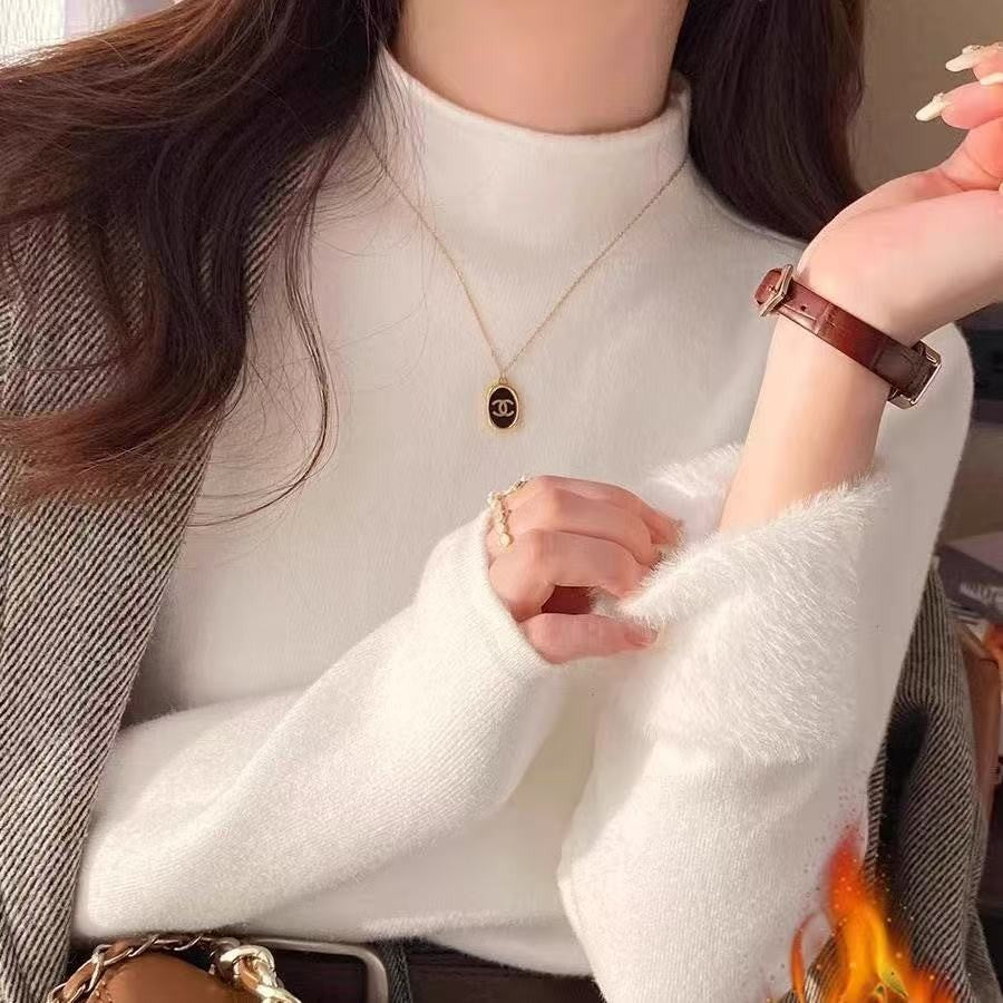 Branco de malha velo forrado meia gola alta camisola moda feminina outono inverno interior usar base camisa integrada velo topo