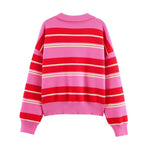 Polo de Malha Listrado Rosa e Vermelho 2026 - Blusa Feminina de Manga Longa com Gola Dobrável, Solta, para Uso Casual Diário na Primavera e Outono