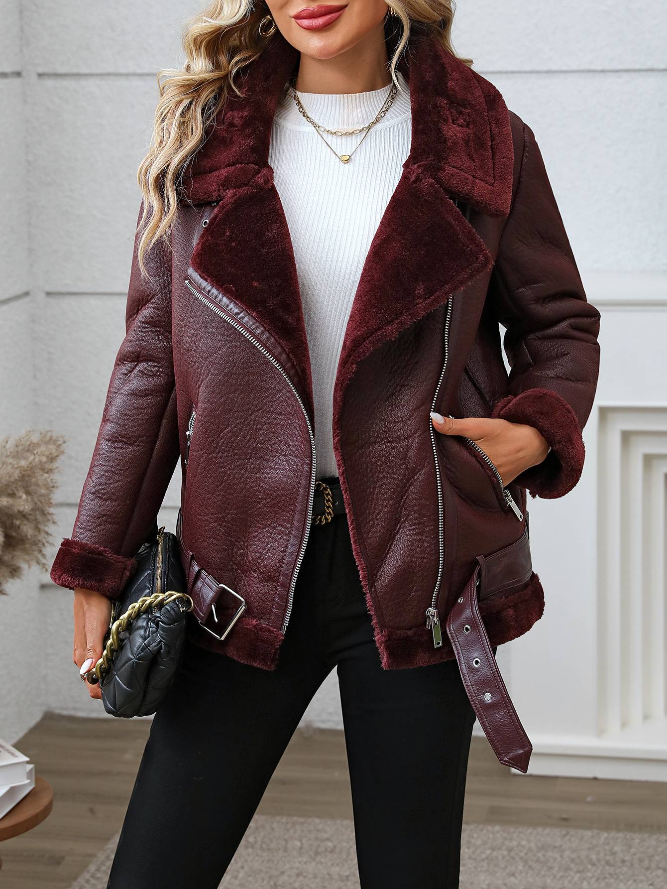FTLZZ Faux Fur Trim Moto Jacket