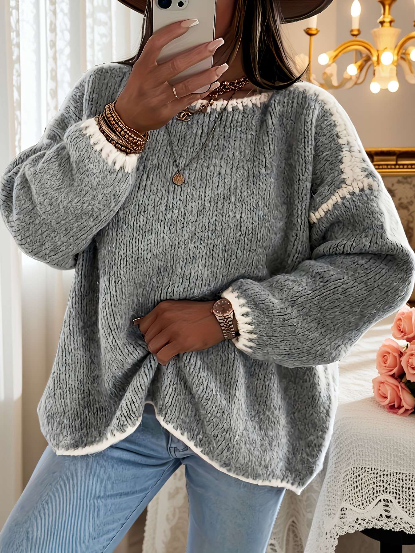 Suéter feminino de outono e inverno com blocos de cores, gola redonda, manga comprida, solto, estilo vintage casual, top de malha.