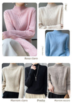 Camiseta Feminina de Gola Alta para Outono e Inverno, Suéter de Cashmere que Emite Calor, Manga Longa, Ajuste Regular