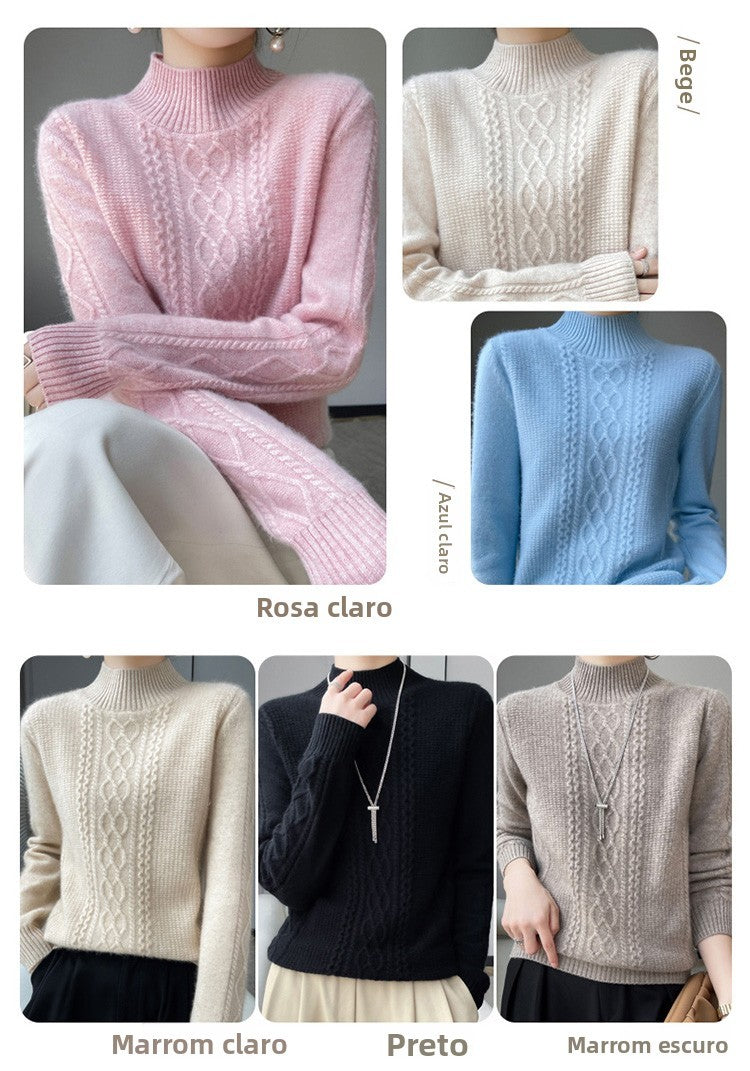 Camiseta Feminina de Gola Alta para Outono e Inverno, Suéter de Cashmere que Emite Calor, Manga Longa, Ajuste Regular