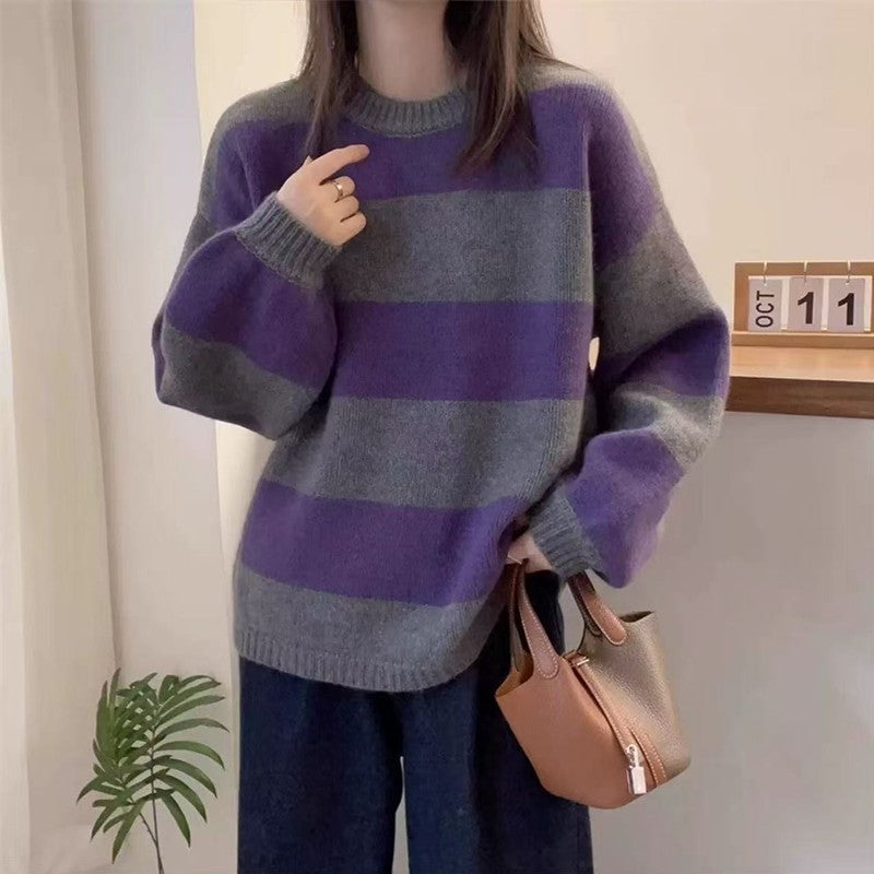 Simples listrado em torno do pescoço cashmere camisola de malha feminina solta manga comprida topo versátil outono e inverno lã base camisola
