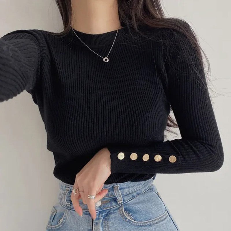 Outono inverno feminino camisola de malha manga longa botão o pescoço fino pulôver suéteres feminino macio quente bottoming topos