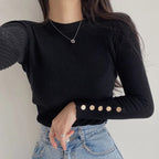 Outono inverno feminino camisola de malha manga longa botão o pescoço fino pulôver suéteres feminino macio quente bottoming topos